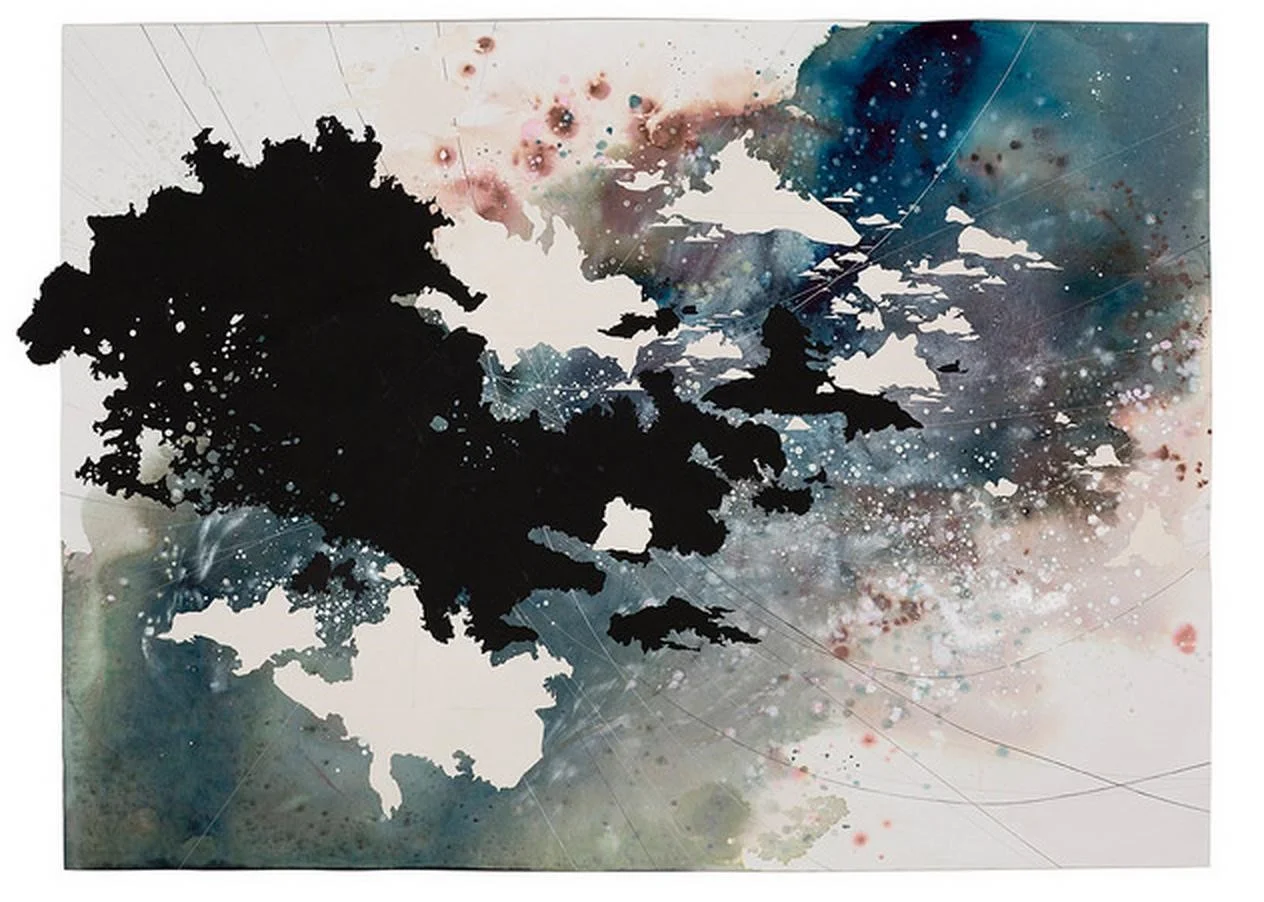 Britton wrote to me: “I gathered, layered, and synthesized the rese interpretation to creating an image. It’s my hope the resulting interconnectedness of the site and incorporates the layers of history that create a place. . . . The piece is 2D and will be installed on the wall, integrated with the architecture in consultation with the project architects. The panels are created using 2 layers of glass that are laminated together using a clear interlayer to form one solid panel composed of four layers, as each clear piece of glass has information on the front and back layers. The piece is based on a collage I made in my studio, made of paper, ink, and graphite. Working collaboratively with the artisans at Mayer, we translated the collage into glass panels. Some elements have been stenciled and hand painted using melting colors, which are fired in the kiln akin to ceramic glazes. These painted areas have an inky/watercolor quality. Other areas have been etched and filled with pigment, one layer is drawn with graphite, and the back is stenciled and painted with opaque colors. The final piece is not see-through like a window, but solid, like looking at a painting. However, the subtle separation of layers in the glass is analogous to my collage process, and I hope will lend the piece depth and texture.” Britton’s art is an intuitive charting, or mapping, of unexplored terr fragile. It seems to emerge from her unconscious like the automatic writing of the Surrealists with the spatial qualities of Roberto Matta. The narrative of the materials combined with the recording of her feelings and the mediations on the death of her father are cyphers for the collective conscious tracing both the tragic and spiritual dimensions of the human condition.3