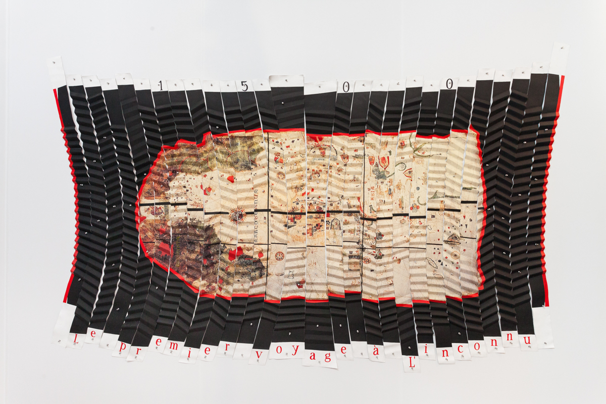 Miguel Angel Ríos, Le Premier Voyage a L'inconnu , 1992-93, Cibachrome mounted on pleated canvas with push pins, 63 x 126 inches (24.8 x 49.6 cm)