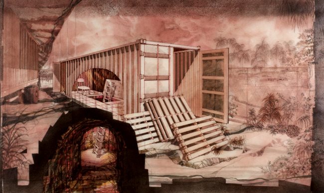 Julio César Morales, Narquitectos #1 , 2009, Ink and spray paint on vellum, 24 x 36 inches (61 x 91 cm)