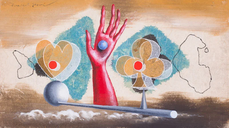 Marcel Jean, Satellites, 1972, gouache and flottage on masonite, 6 x 10 1/2 inches (15.2 x 26.7 cm)