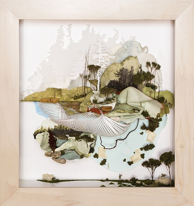  Gregory Euclide,  Then wanting came to mean touching without was normal,  2012, acrylic, buckthorn root, eurocast, fern, grass, moss, mylar, paper, pencil, photo transfer, sage, sedum, sponge, 26 x 24 x 6 inches (66 x 61 x 15.5 cm)    