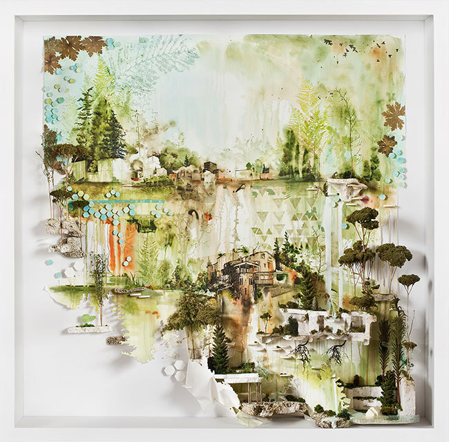  Gregory Euclide ,   Slid down my front as the rust from lands new soaking,  2012, acrylic, found foam, geranium, pine cone, buckthorn root, sponge, sedum, hosta, moss, photo transfer, pencil, goldenrod, heuchera, 49 x 49 x 9 inches (124.5 x 124.5 x 