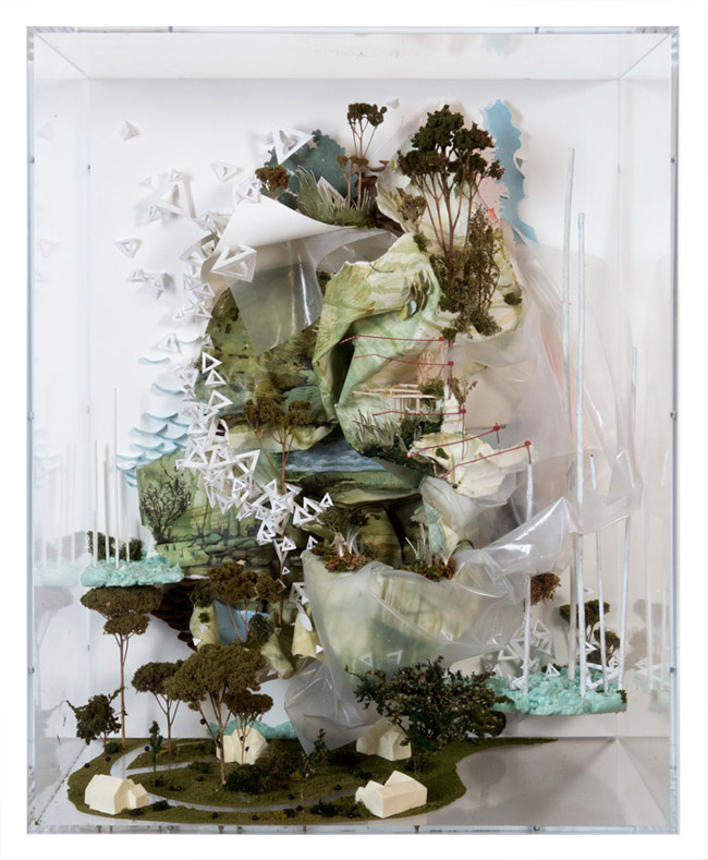  Gregory Euclide,  As if muting the land was part of knowing,  2012, acrylic, eurocast, foam, goldenrod, hosta, moss, paper, pencil, plastic, sedum, wood, zip tie, 26 x 19 x 9 inches (66 x 48.25 x 23 cm)    