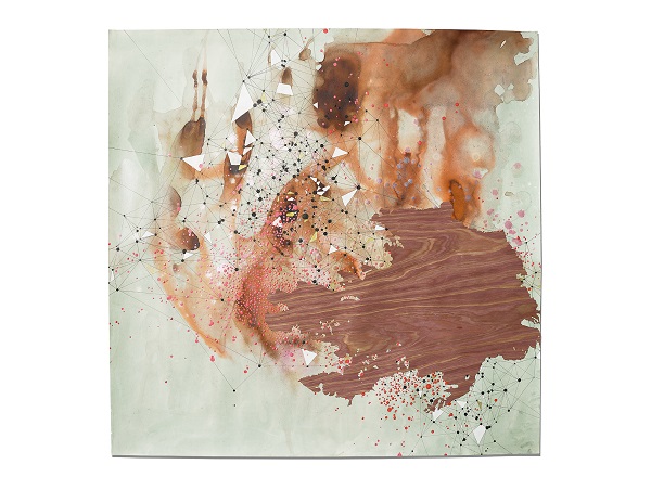 Val Britton, Reverberation #35, 2016, Ink, collage, and wood veneer on paper, 36 x 36 inches (91.4 x 91.4 cm)