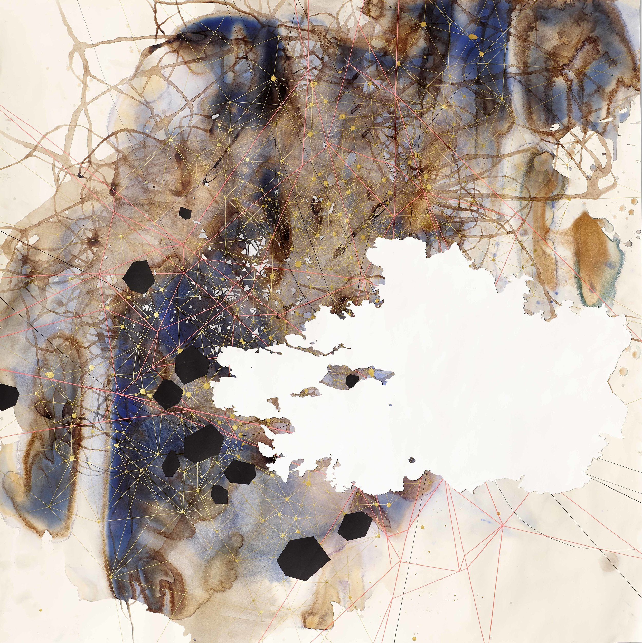 Val Britton, Satellite, 2016, Acrylic, ink, and collage, 49 1/2 x 49 1/2 inches (125.7 x 125.7 cm)