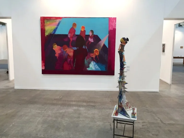 For a section focused on performance, there were a surprising number of galleries showing painting. Los Angeles gallerist Marc Foxx was exhibiting paintings and a sculpture by Italian artist Alessandro Pessoli. His brightly-colored canvases and rough-hewn ceramics take classical source material, cut them up, and re-assemble them in a collage-like process. “There’s an overarching concept that’s not strict necessarily, so its easy for artists to respond to it in different ways,” Foxx remarked on the Sur section. “Some artists are very literal, other are pushing what those boundaries are. It gives the fair a kind of gravity that most other fairs don’t have. There’s a reason these things have been brought together and you feel it. That’s unusual.”