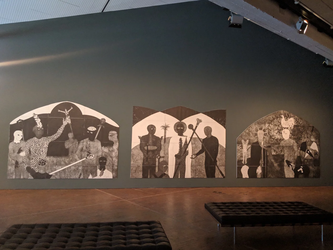 Belkis Ayón, (left) La consagración (Die Weihe, The Consecration) 1991, Triptych, part I; (middle) La consagración (Die Weihe, The Consecration) 1991, Triptych, part II; (right) La consagración (Die Weihe, The Consecration) 1991, Triptych, part III. Photo: C&.