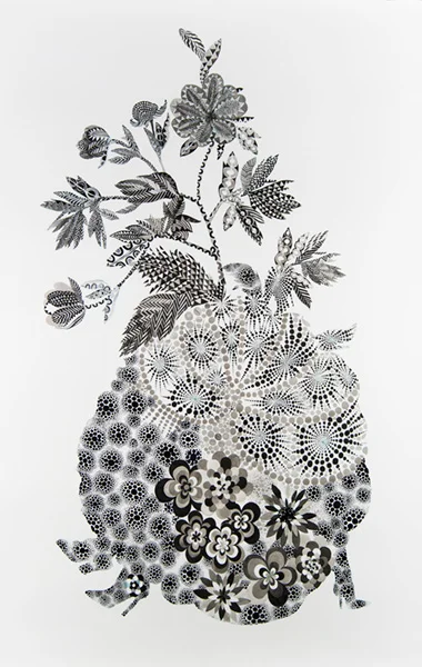 Firelei Báez, Happens elsewhere, without us, and all the same fully resounds here within us, 2015, Gouache and ink on paper, 87 x 55 inches (221 x 139.7 cm)