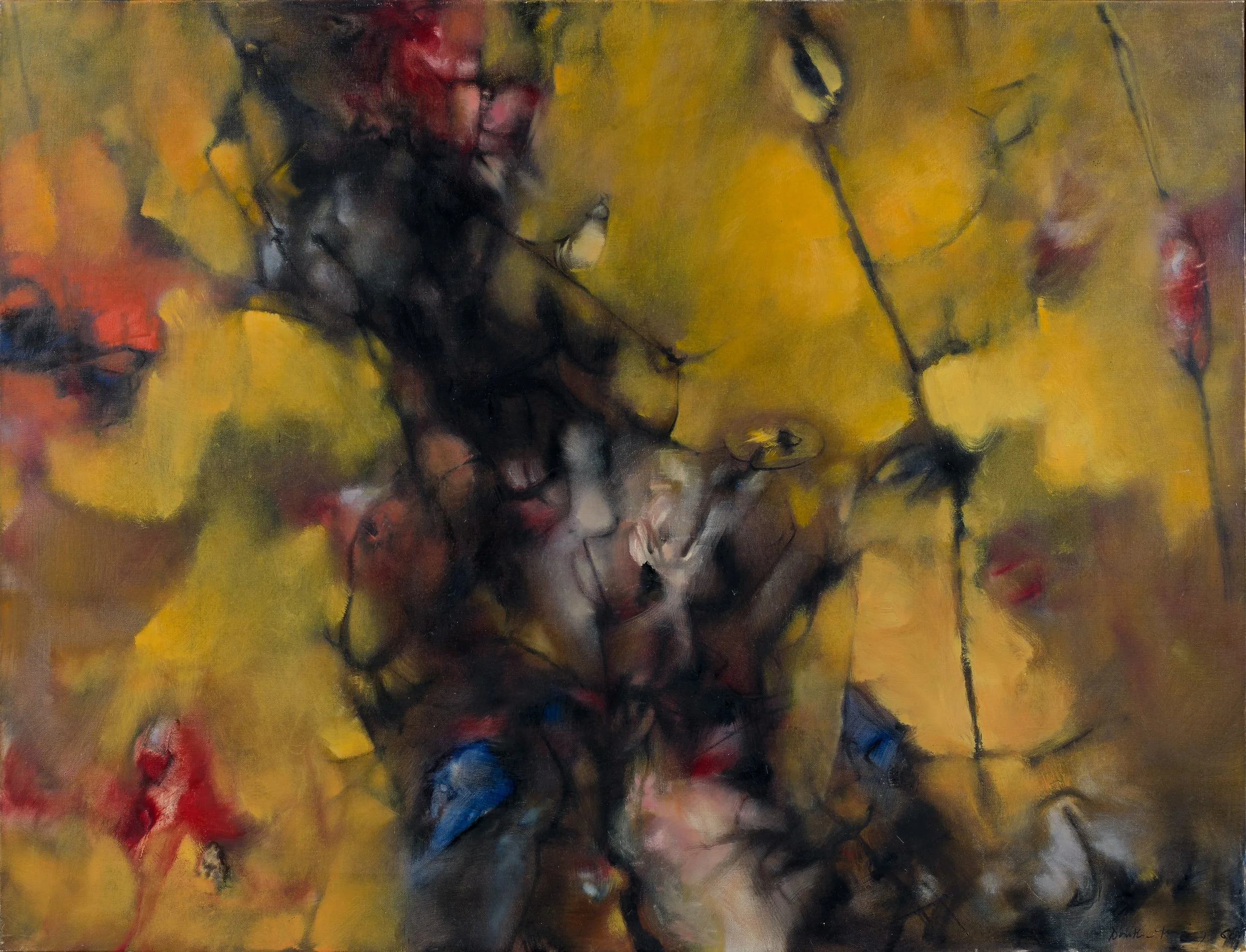 Dorothea Tanning, Visite jaune (Visite éclair), 1960, oil on canvas, 35 x 45 inches (89 x 116 cm)