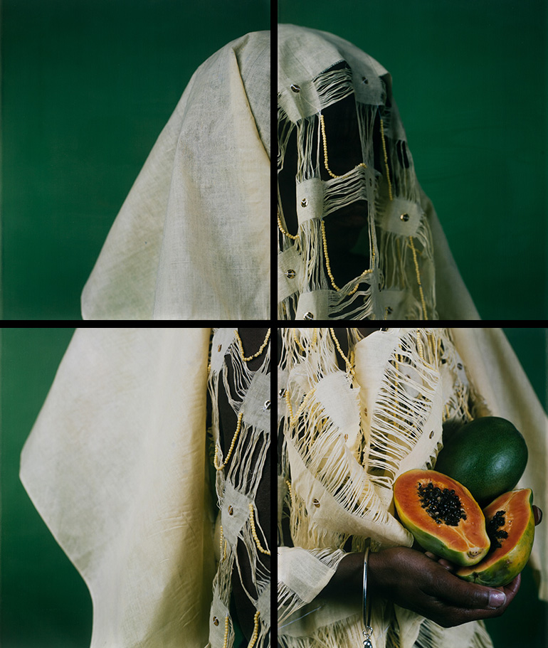  María Magdalena Campos-Pons,  Bin Bin Lady, The Papaya,  c. 2005, Composition of 4, Polaroid Polacolor Pro, 24 x 20 inch photograph, 48 x 40 inches (121.92 x 101.6) 