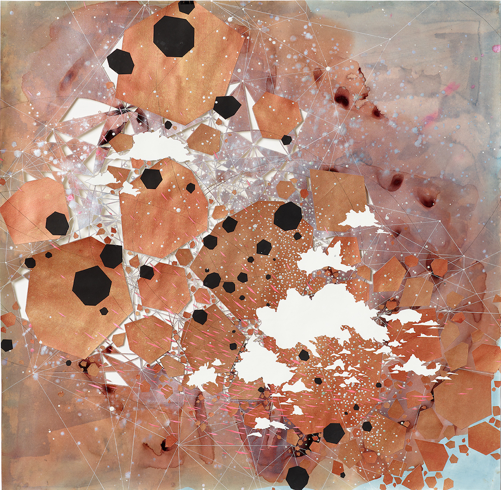 Val Britton, Weights and Measures #1, 2018, Ink, acrylic, collage, and hand cut paper, approximately 50 x 50 inches (127 x 127 cm)