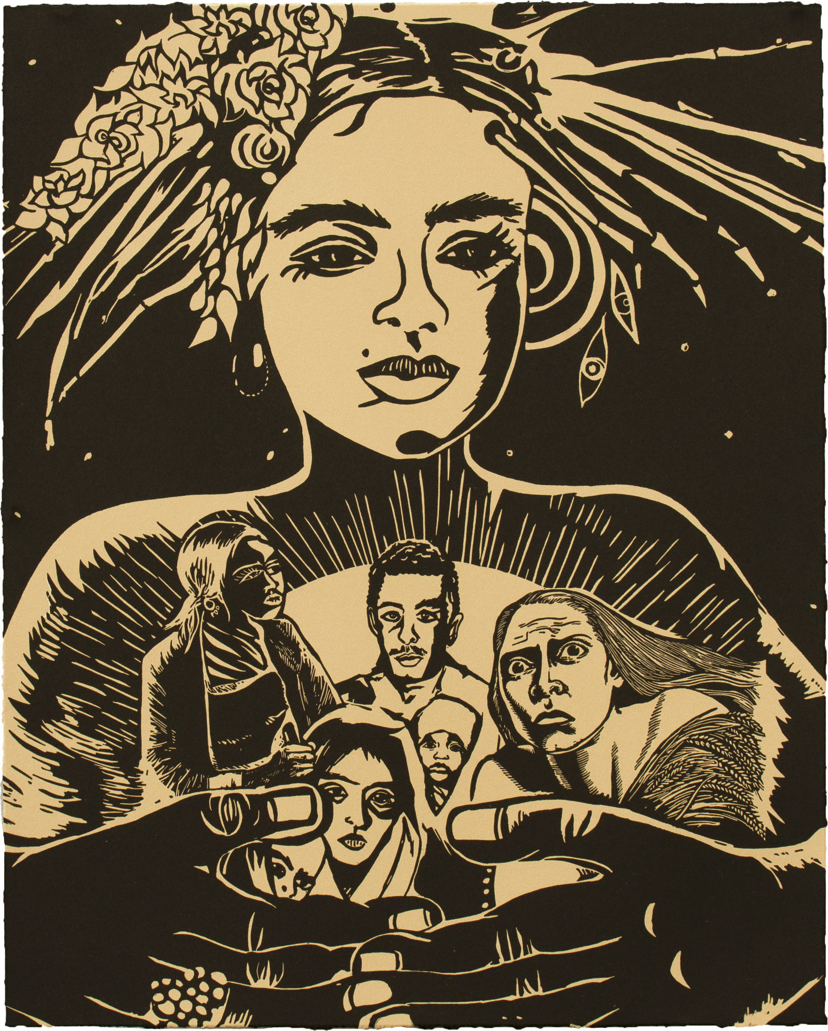Chitra Ganesh’s linocut print “Refugees and Queen” (2018).CreditDurham Press