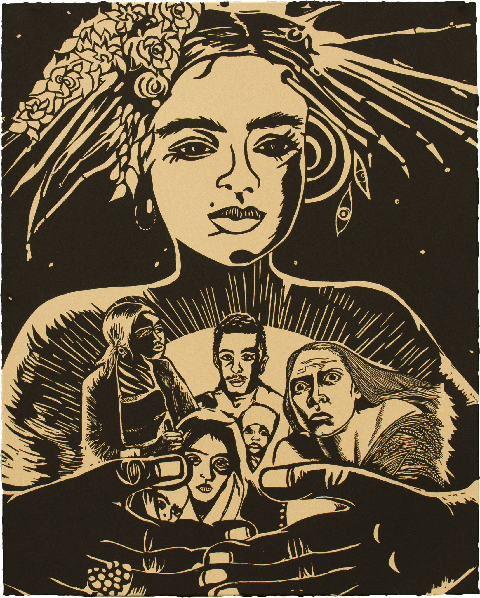  Chitra Ganesh,  Refugees and Queen , 2018, Linocut BFK Rives Tan, 280gsm, Edition of 35, 20 1/ 8 x 16 1/8 inches (51.1 x 41 cm) 