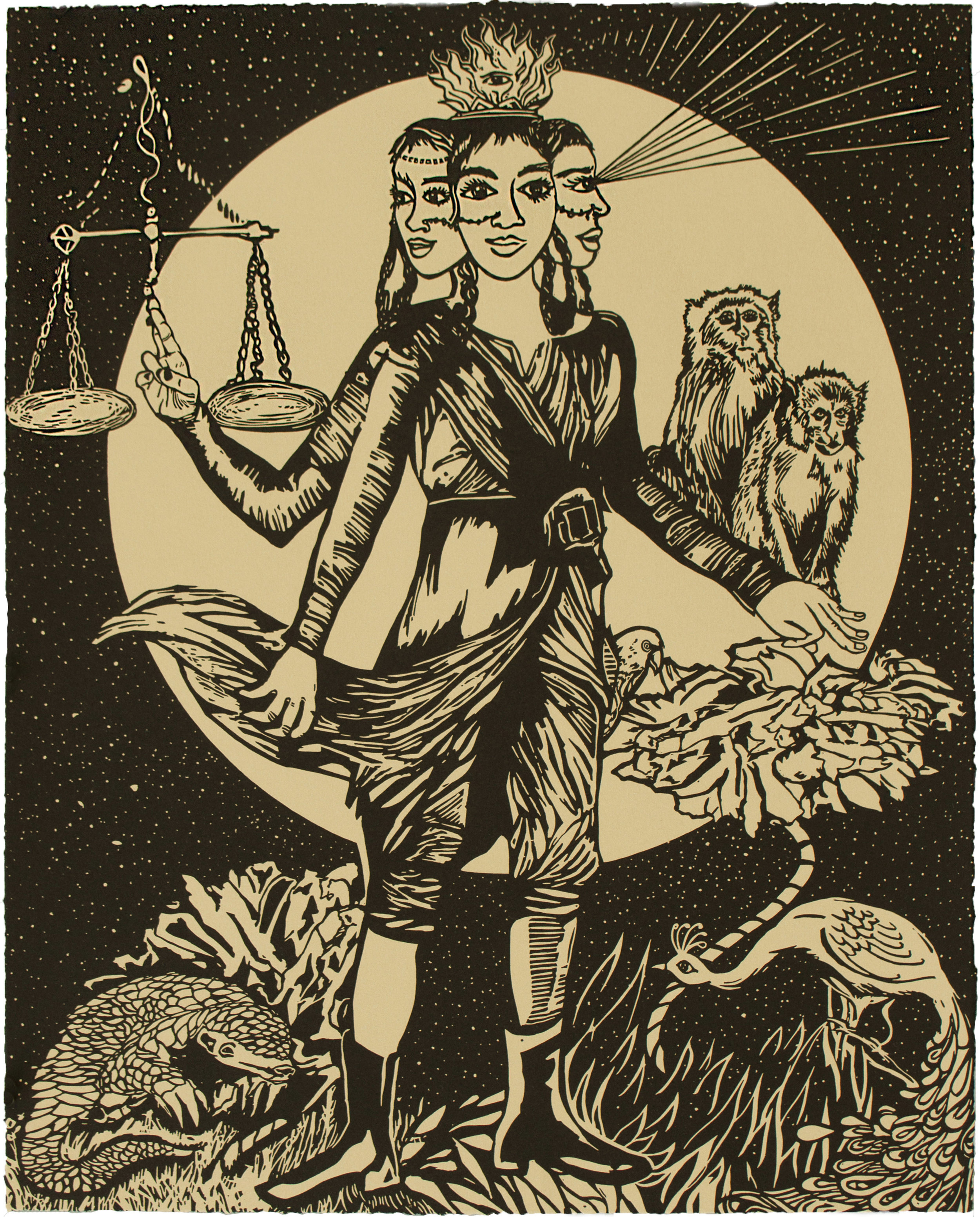  Chitra Ganesh,  Justice is Virtue , 2018, Linocut BFK Rives Tan, 280gsm, Edition of 35, 20 1/ 8 x 16 1/8 inches (51.1 x 41 cm) 