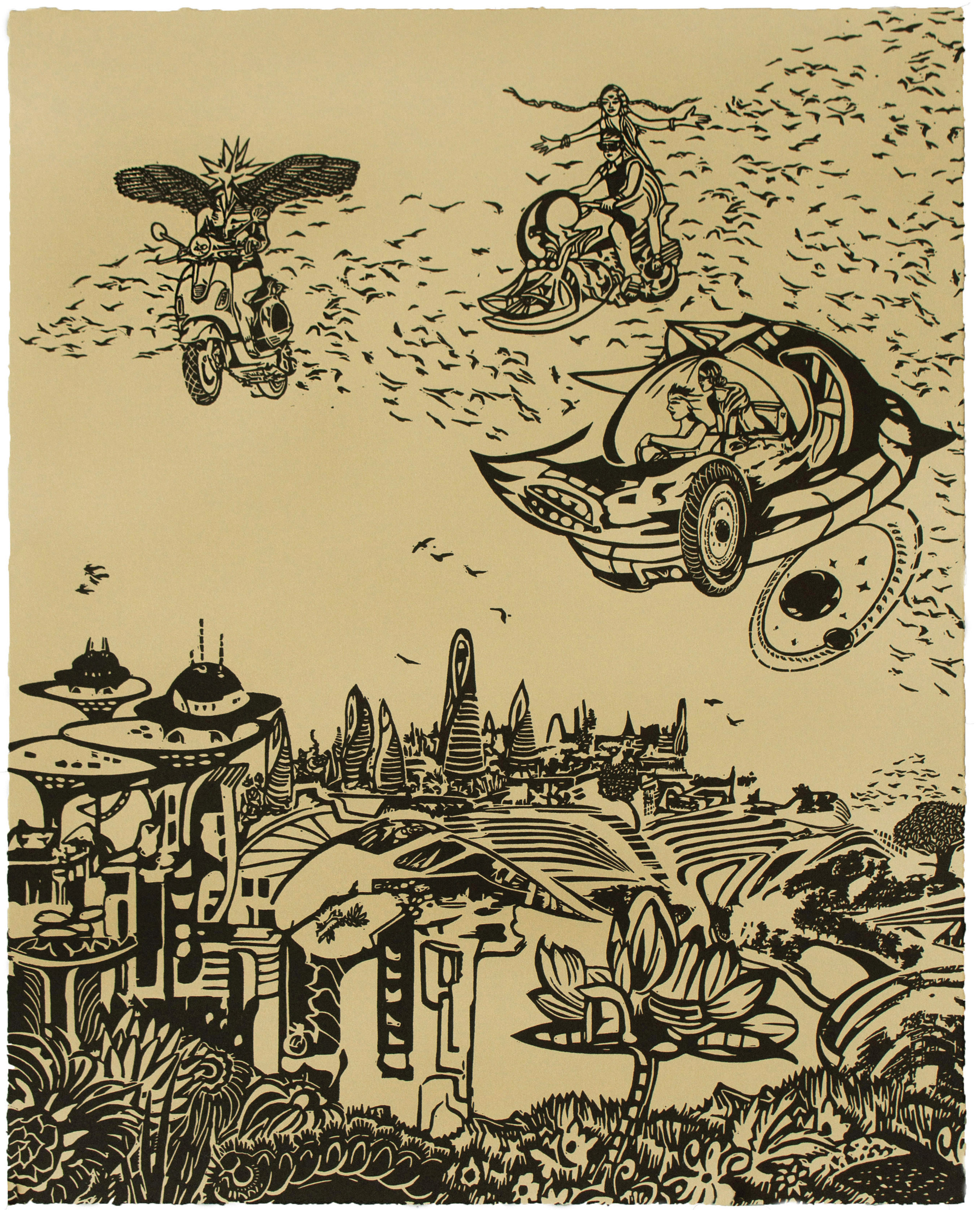  Chitra Ganesh,  Over the City , 2018, Linocut BFK Rives Tan, 280gsm, Edition of 35, 20 1/ 8 x 16 1/8 inches (51.1 x 41 cm) 