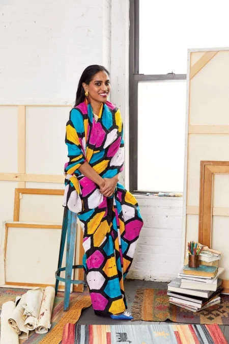 CHITRA GANESH. Cotton top, Yavi. Georgette sari, NorBlack NorWhite. Satin heels, Paul Andrew. Metal earrings, Lizzie Fortunato