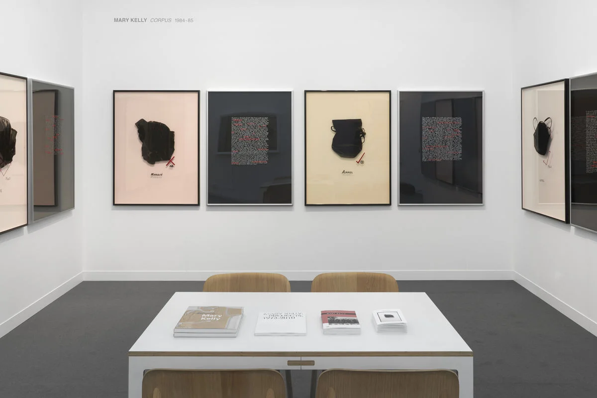 Installation view of Mary Kelly, Interim Part I: Corpus , 1984–85 in Pippy Houldsworth Gallery’s booth at Frieze London, 2018. Courtesy of Pippy Houldsworth Gallery.