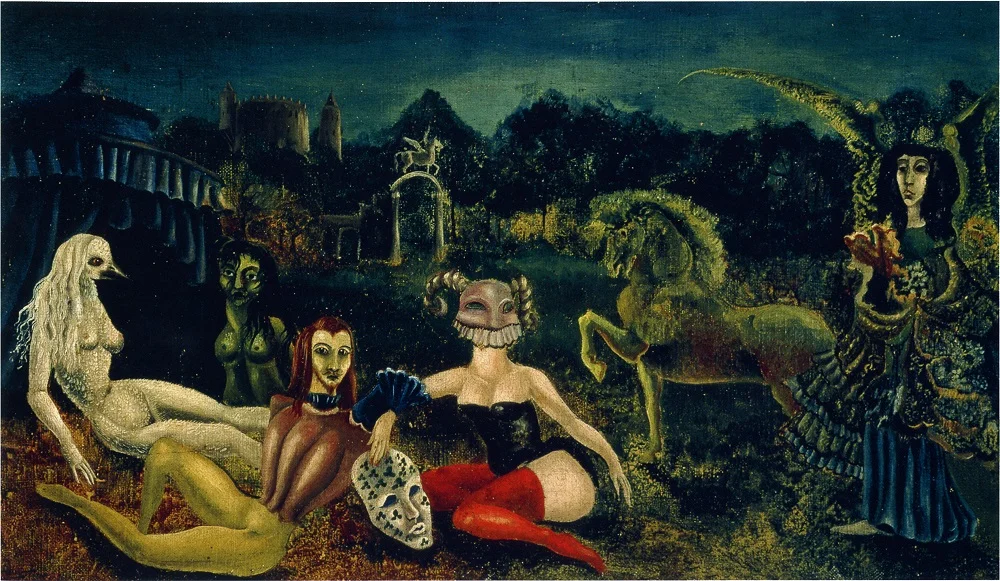 Leonora Carrington, Down Below , 1940, Oil on canvas, 15 3/4 x 23 1/2 inches (40 x 59.7 cm), © 2019 Estate of Leonora Carrington / Artists Rights Society (ARS), New York