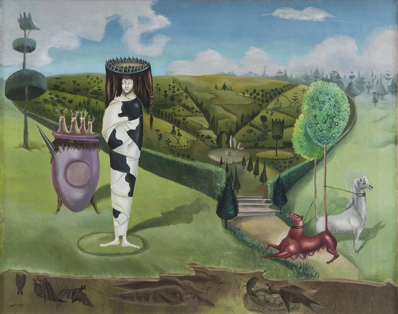 LEONORA CARRINGTON, GREEN TEA, 1942, OIL ON CANVAS, 24″ X 30″. © 2019 ESTATE OF LEONORA CARRINGTON / ARTISTS RIGHTS SOCIETY (ARS), NEW YORK. COURTESY OF GALLERY WENDI NORRIS.
