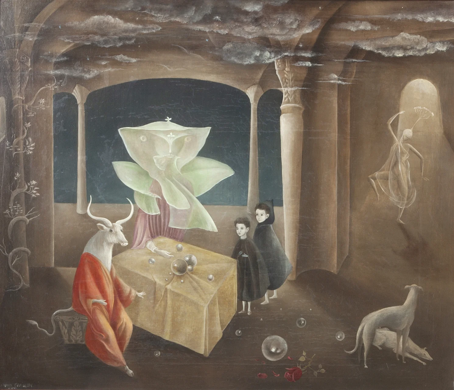 LEONORA CARRINGTON, AND THEN WE SAW THE DAUGHTER OF THE MINOTAUR!, 1953, OIL ON CANVAS, 23 3/5″ X 27 1/2″. SIGNED L.L. “LEONORA CARRINGTON 1953.” © 2019 ESTATE OF LEONORA CARRINGTON / ARTISTS RIGHTS SOCIETY (ARS), NEW YORK. COURTESY OF GALLERY WENDI NORRIS.