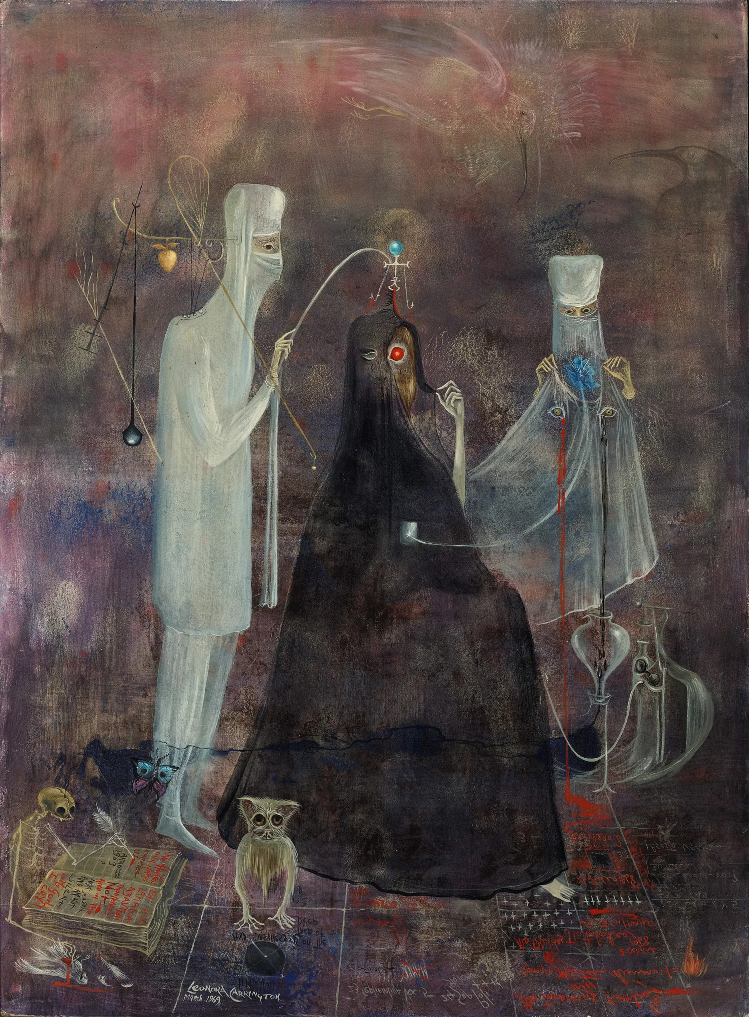 Leonora Carrington, Operation Wednesday, 1969. Oil and tempera on hardboard, 23 3/4 x 17 5/8 inches (60.3 x 44.8 cm). Signed l.l "Leonora Carrington March 1969"; inscribed 2 de octubre 1968...no olvides Tlatelolco...las tres culturas...no tenemos tumba...campo militar número 1 lower right; en verso: "March 1969 Dr. Fernando Ortiz Monasterio.” Image courtesy Gallery Wendi Norris © 2019 Estate of Leonora Carrington /Artists Rights Society (ARS), New York