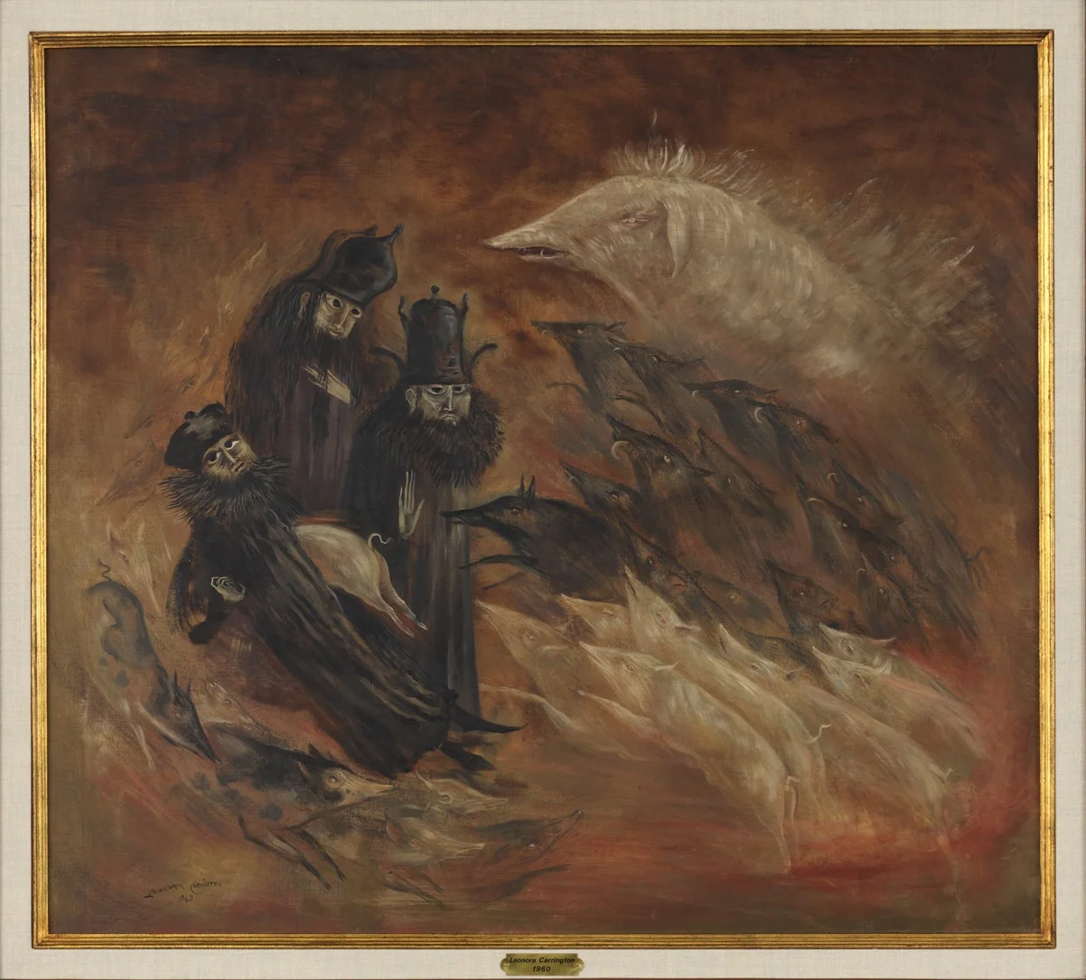 Leonora Carrington, Pig-Rush (Nacimiento de cerdos) , 1960, oil on canvas, 80.6 × 90.2 cm. © 2019 Estate of Leonora Carrington/Artists Rights Society (ARS), New York; courtesy: Gallery Wendi Norris, San Francisco
