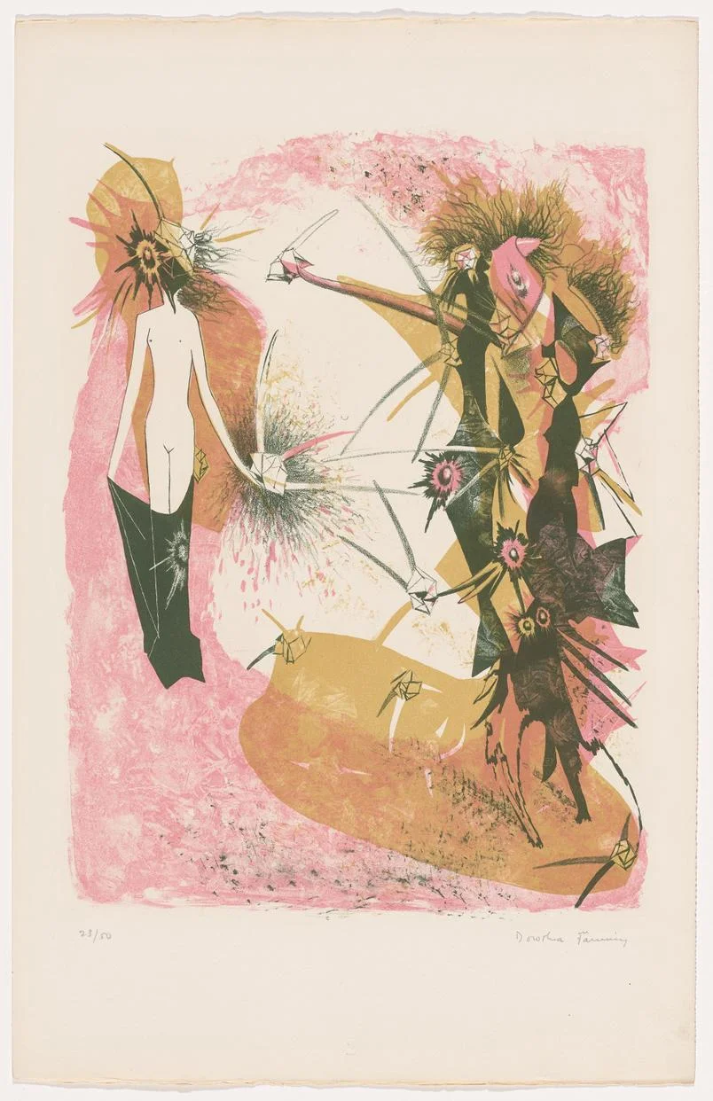 Dorothea Tanning , Second Peril (Deuxième péril) , 1950, lithograph, edition 23/50, image: 14 1/2 x 11 inches (36.8 x 27.9 cm), sheet: 19 7/8 x 12 3/4 inches (50.5 x 32.4 cm), The Menil Collection, Houston, Gift of Barbara and Jim Metcalf and the Gallery of Surrealism, Artist Rights Society (ARS), New York / ADAGP, Paris.