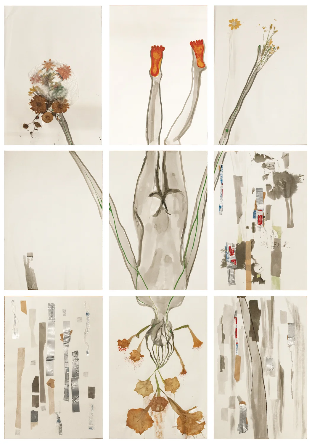 María Magdalena Campos-Pons, Angel's Trumpets, Devil's Bells , 2019, Composition of 9, mixed media on Arches archival paper, 40 x 26 inches each (101.6 x 66 cm)