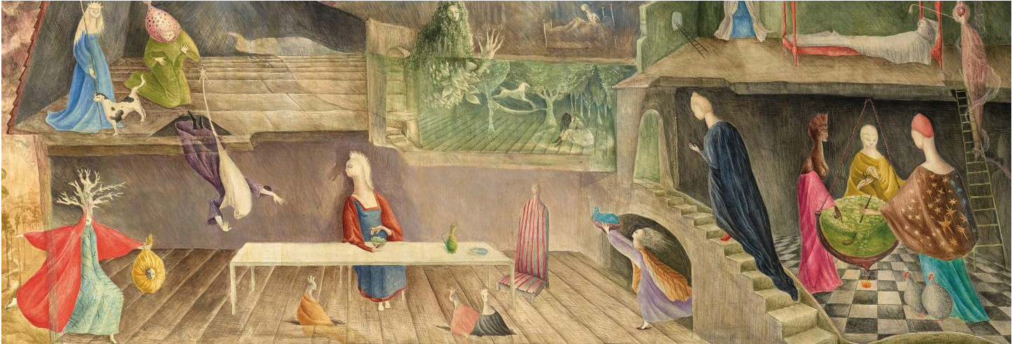 Leonora Carrington, The House Opposite (detail), 1945, tempera on board, 33 × 82 cm. Courtesy: West Dean College of Arts and Conservation