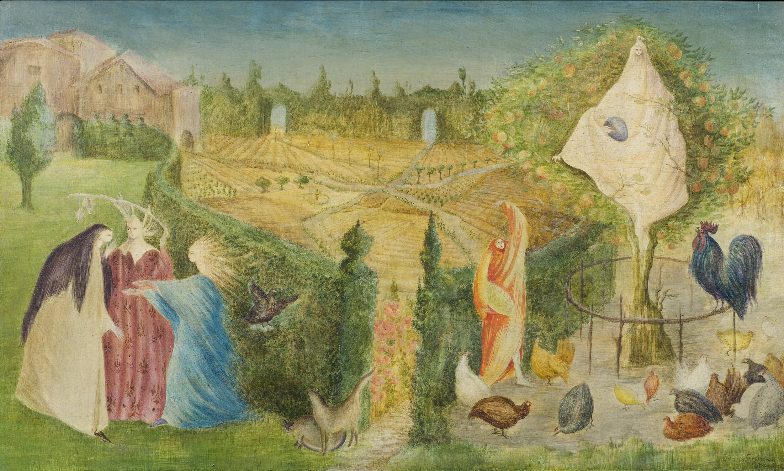  Leonora Carrington,  The Kitchen Garden on the Eyot , 1946, tempera on wood panel, 11 3/4 x 19 2/3 inches (29.8 x 50 cm) 
