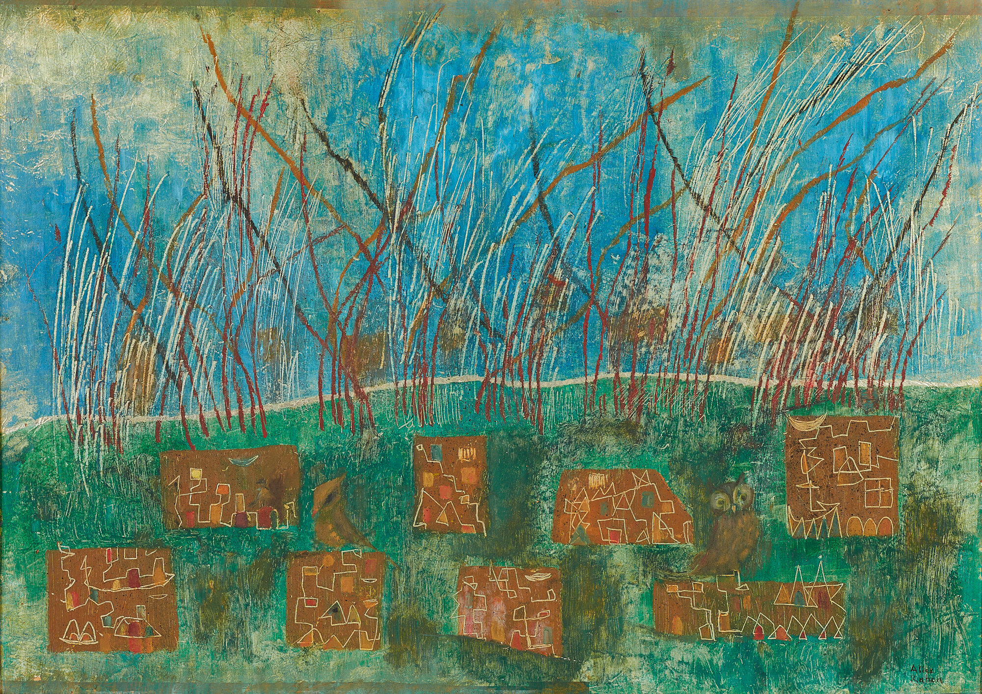  Alice Rahon,  Los guardianes , 1959, oil on metallic paper on wood panel, 20 1/2 x 29 1/8 inches (52.1 x 74 cm) 