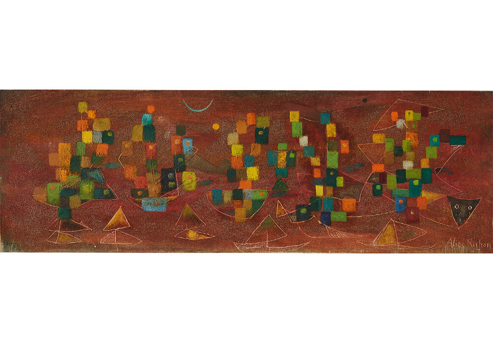  Alice Rahon,  Un día alegre (A Happy Day) , 1947, oil and sand on canvas, 11 1/8 x 33 1/2 inches (28.3 x 85.1 cm) 