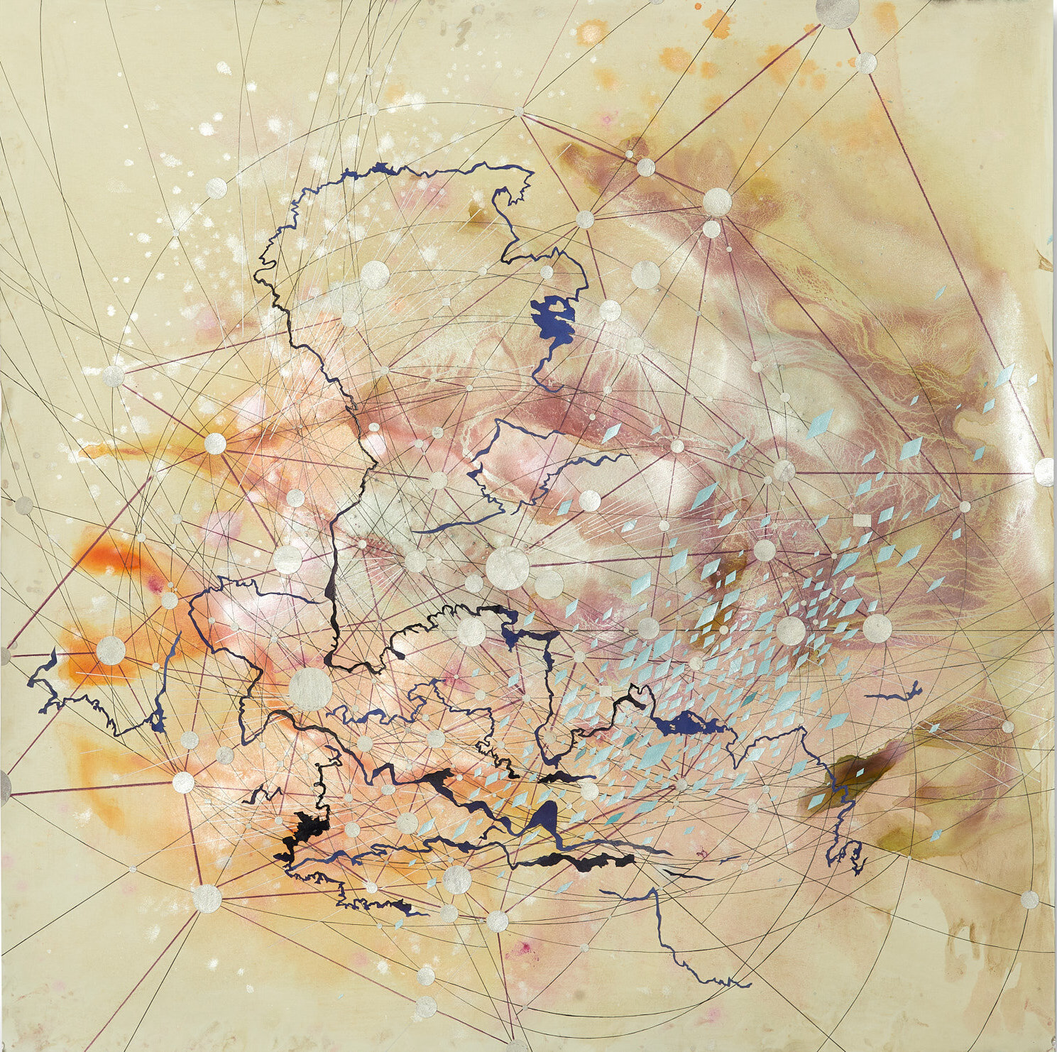  Val Britton,  Reverberation #73  , 2021, acrylic, ink, and collage on paper 36 x 36 inches (91.4 x 91.4 cm) 