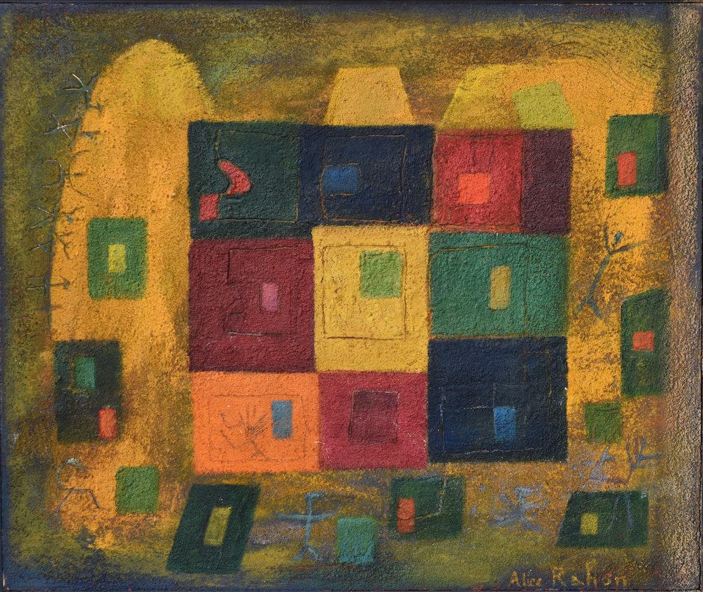  Alice Rahon,  La cuadra , 18 x 21 1/2 in (46 x 55 cm), Oil and sand on canvas, 1942-1950 