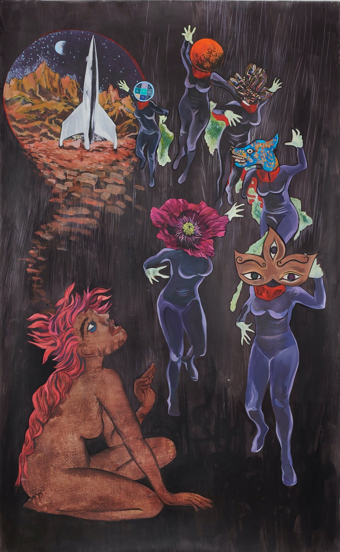  Chitra Ganesh,  Return of the Cat Woman,  2018, acrylic, ink, kodak repositionable fabric paper and glass beads on paper on linen, 51 x 82 inches (129.54 x 208.28 cm) 
