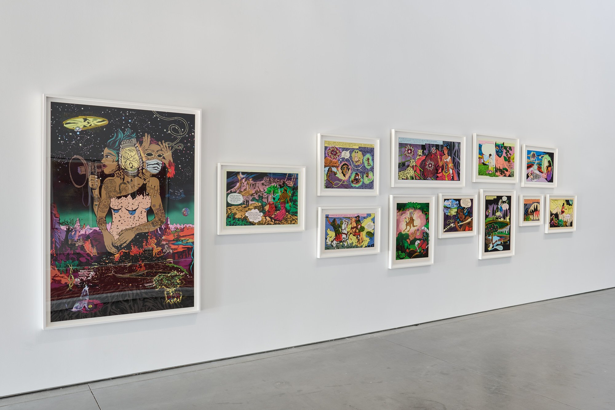  Chitra Ganesh,  Multiverse Dreaming , suite of twelve LightJet prints on archival paper, 2021. Installation view,  Three Fates , Gallery Wendi Norris Offsite Exhibition, San Francisco, CA, 2022. Photo credit: J. Arnold, Impart Photography 