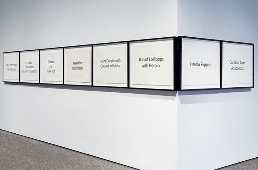  Julio César Morales, Installation view,  Narco Headlines Series,  2015, watercolor and ink on paper, 22 x 30 inches each (55.9 x 76.2 cm each) 