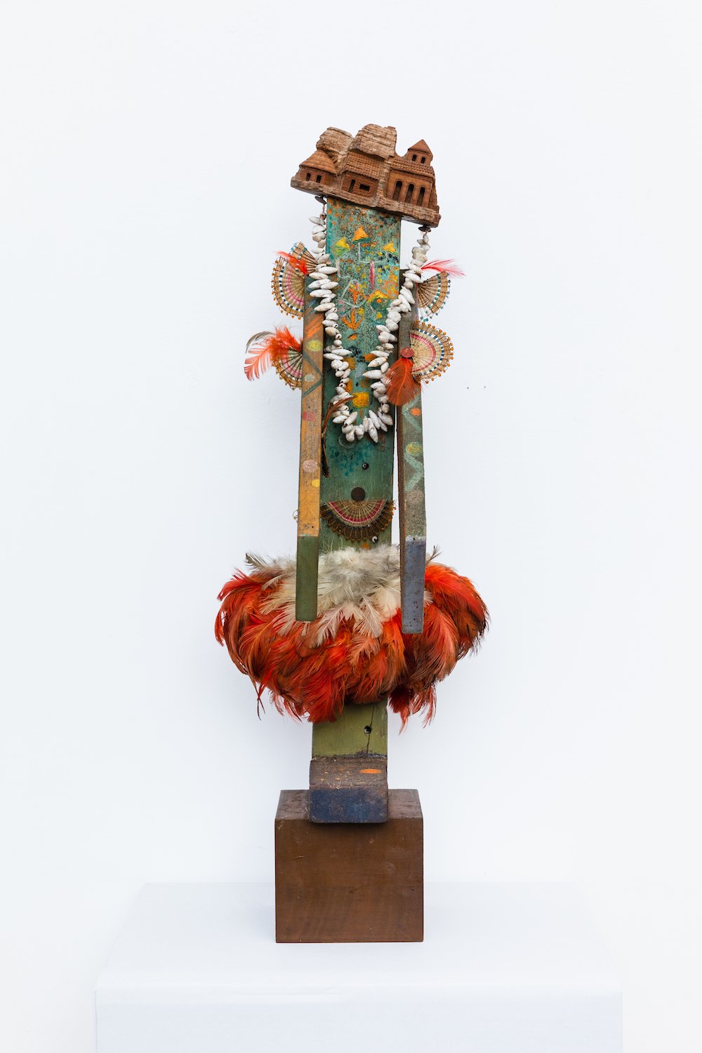  Alice Rahon,  Untitled , n/d, assemblage with wood, feathers, shells, and oil, 22 x 6 x 7 inches (55.9 x 15.2 x 17.8 cm) 