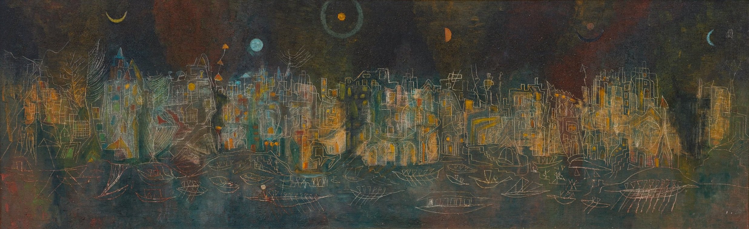  Alice Rahon,  Un puerto del norte , Oil and sand on canvas, 1947, 13 ½ x 43 ½ inches (34.2 x 110.4 cm) 
