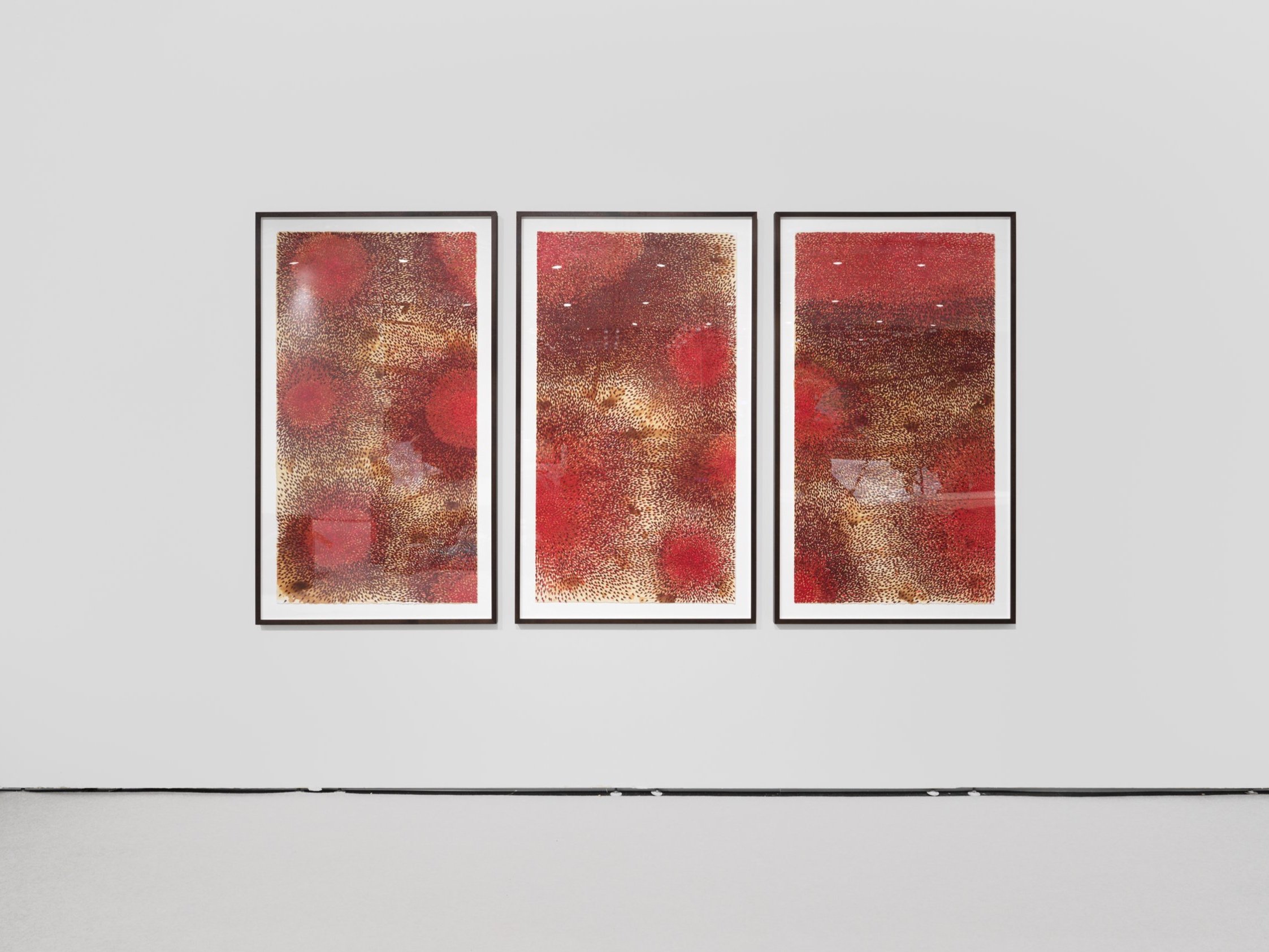  Ambreen Butt,  Wife and Son of Badr Mansoor , 2020, Printed text on tea-stained paper, 55 x 30 inches each; 55 x 90 inches total (139.7 x 76.2 cm each; 139.7 x 228.6 cm total). Photo by Dan Bradica 