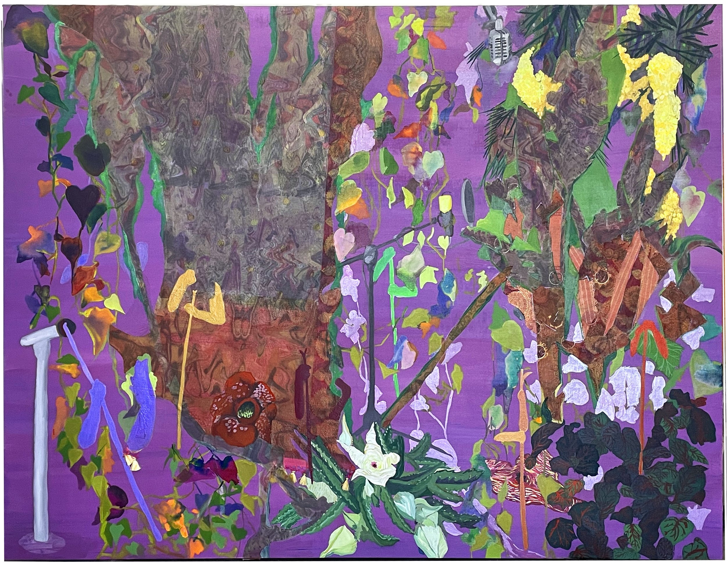  Ranu Mukherjee, unlanding, 2022, pigment, cristalina, ink and UV inkjet print on silk and cotton sari fabric on linen, 72 x 96 inches (182.8x 243.8 cm) 