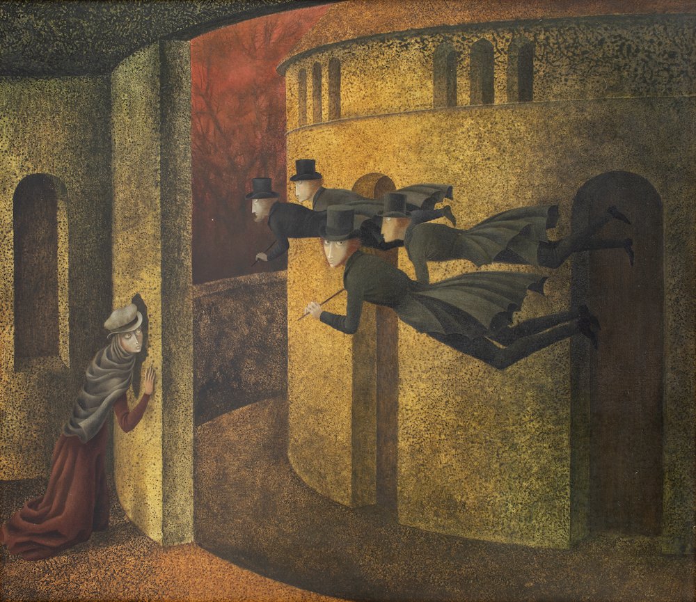  Remedios Varo,  Banqueros en acción , 1962, oil on masonite, 24 x 27 1/2 inches 