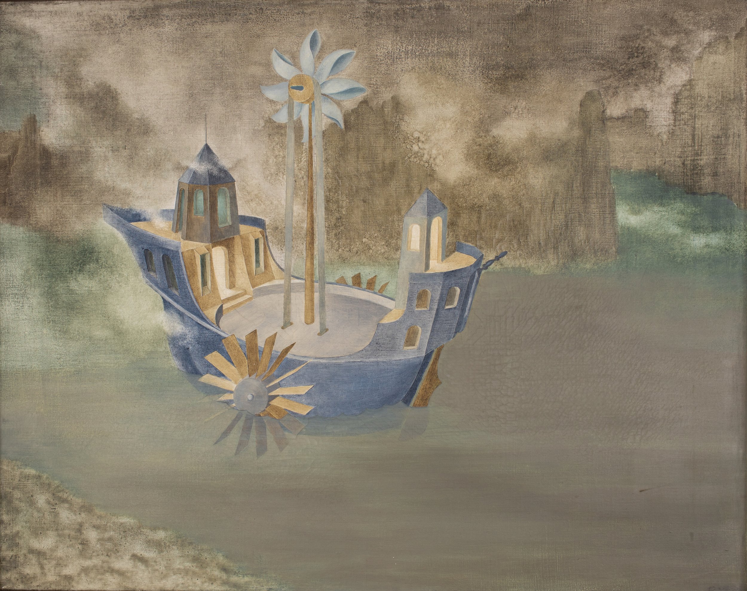  Remedios Varo,  Estudio para Trasmundo , c. 1955, oil on canvas, 16 1/2 x 21 1/4 inches 