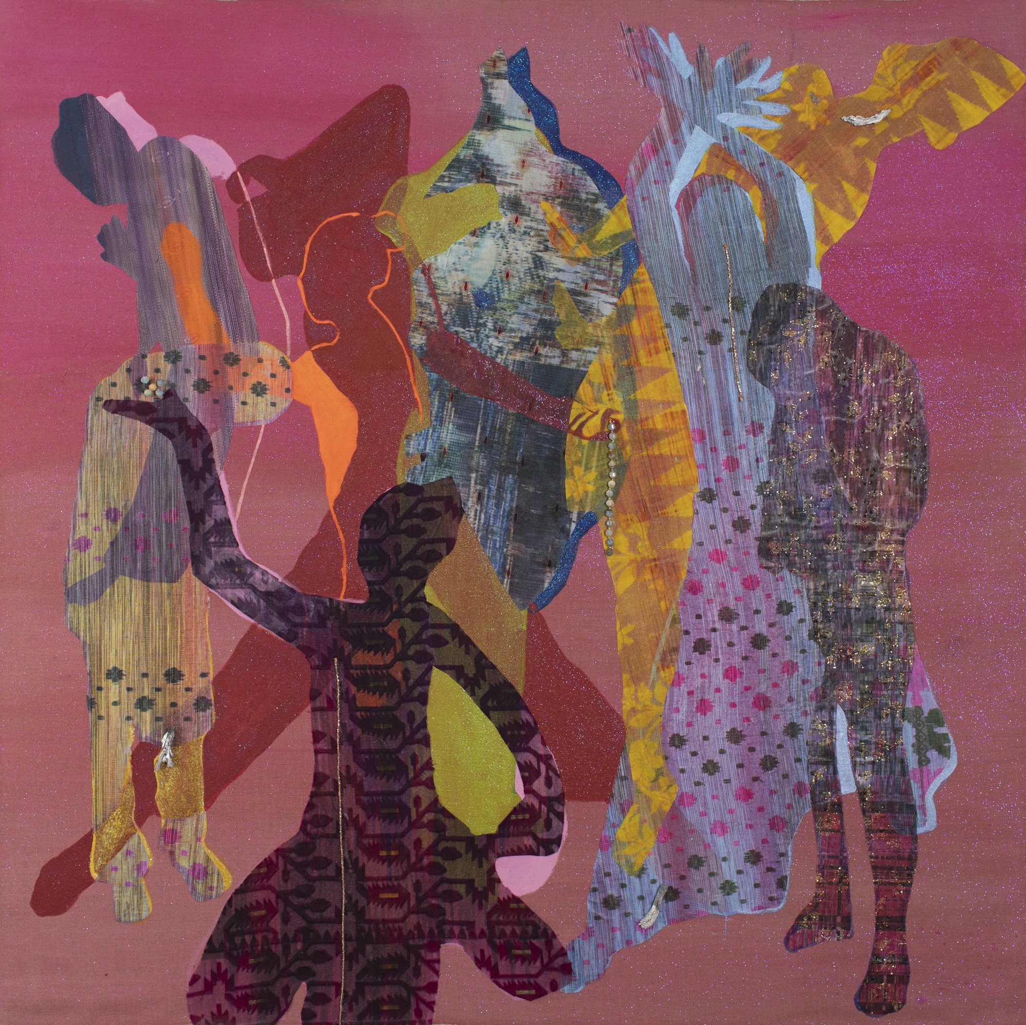  Ranu Mukherjee,  dance and sob , 2023, pigment, cristalina, UV inkjet print on silk and cotton sari cloth, copper beads, calcite beads and magnesium crystal on linen, 48 x 48 inches 