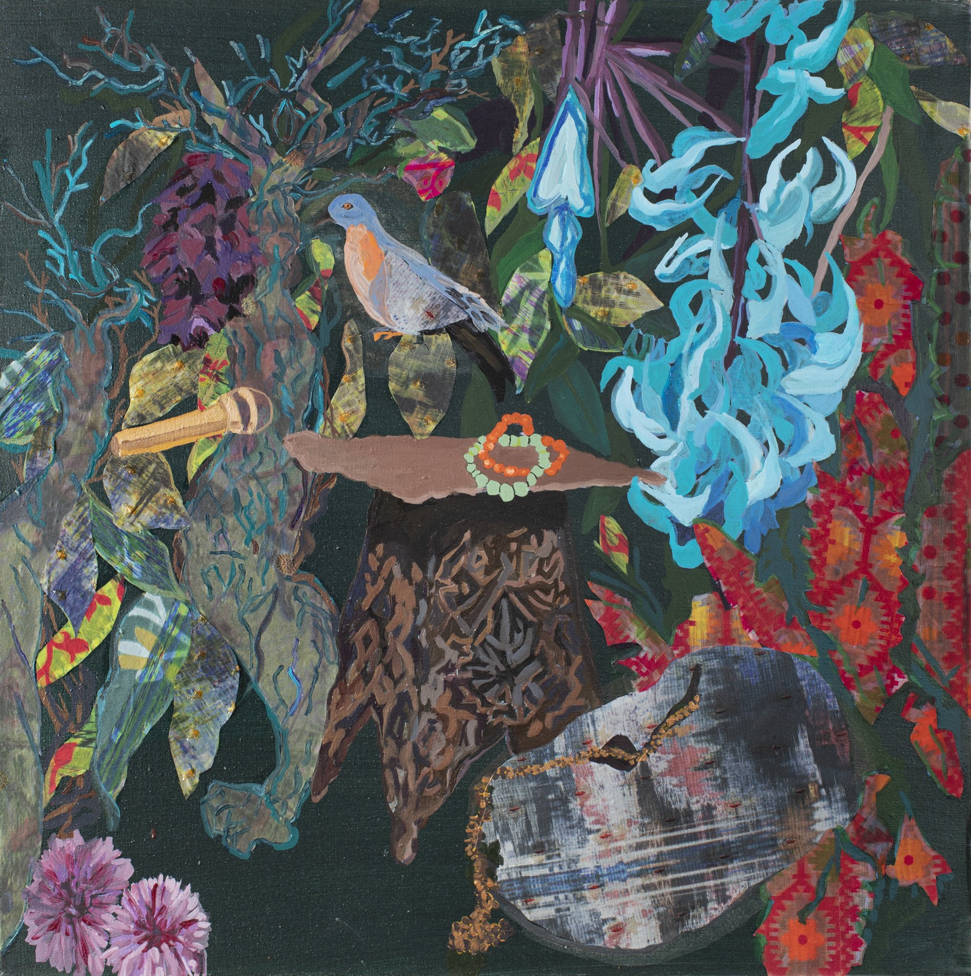  Ranu Mukherjee,  lair (for Martha and friends) , 2022, pigment and UV inkjet print on silk and cotton sari cloth on linen, 38 x 38 inches 