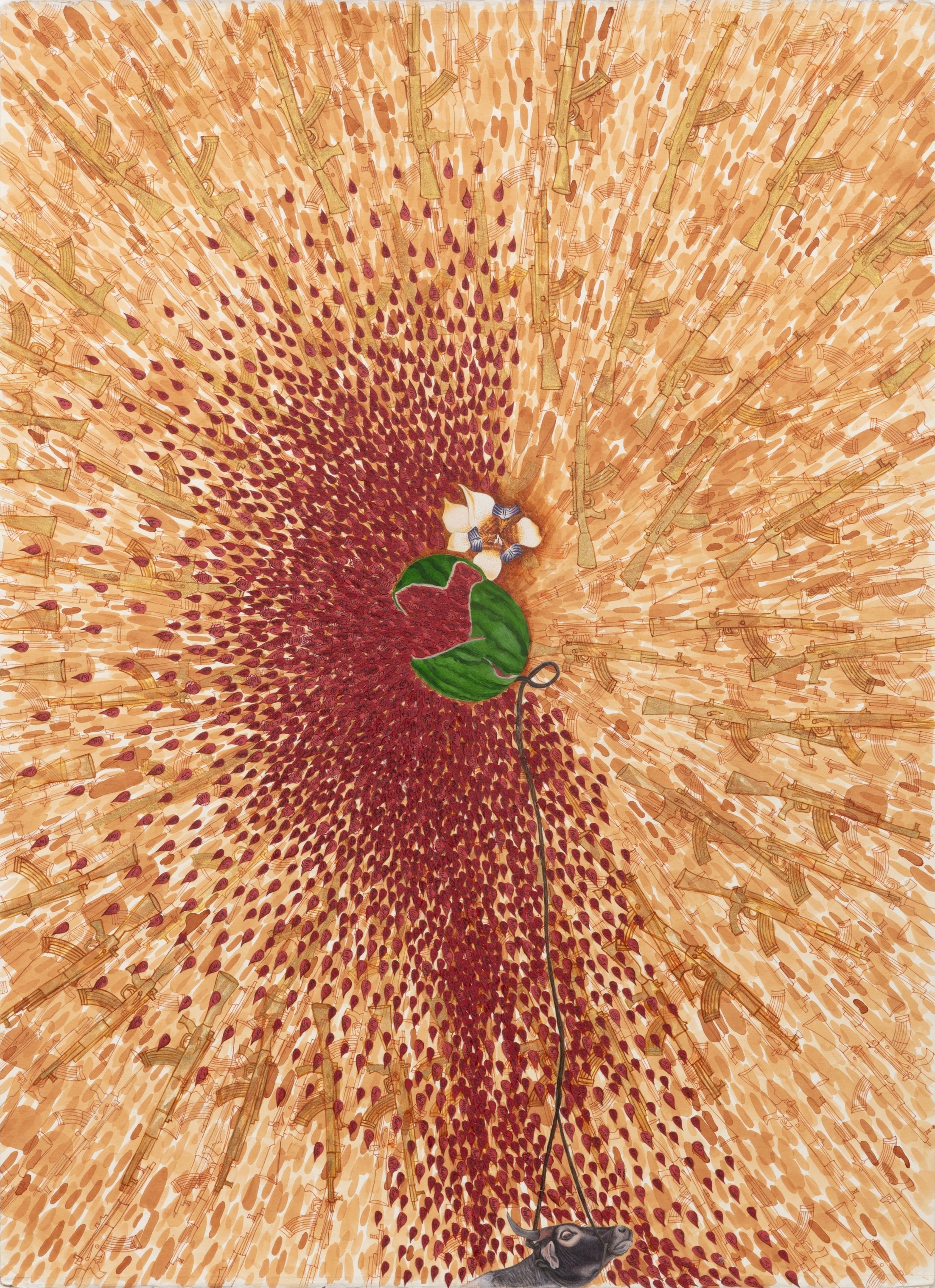  Ambreen Butt,  Tearful Harvests , 2023, tea, watercolor, collage, and gold pigment on paper, 30 x 22 inches 