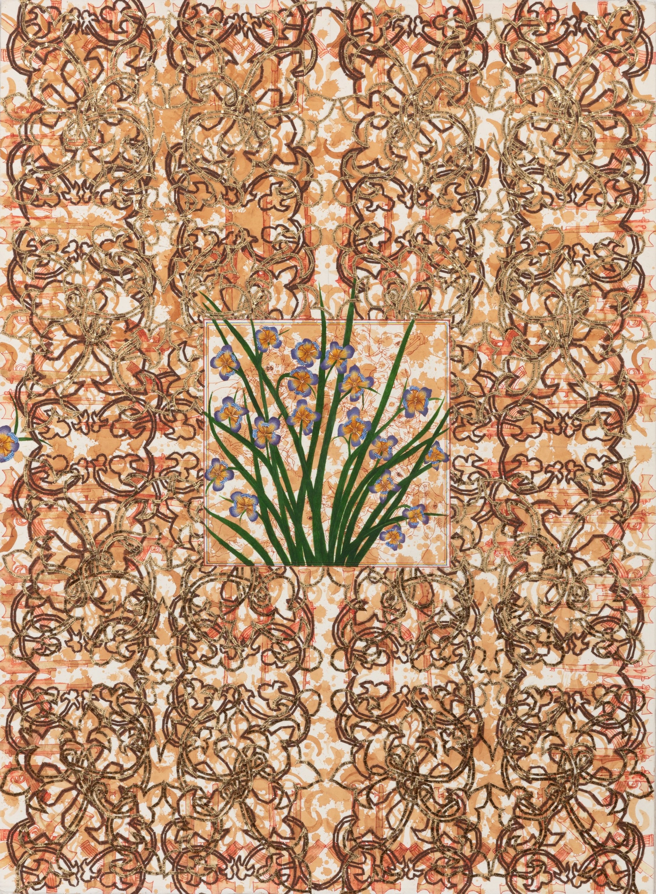  Ambreen Butt,  The Floral Offerings , 2023, watercolor, collage, and gold pigment on tea-stained paper, 30 x 22 inches 