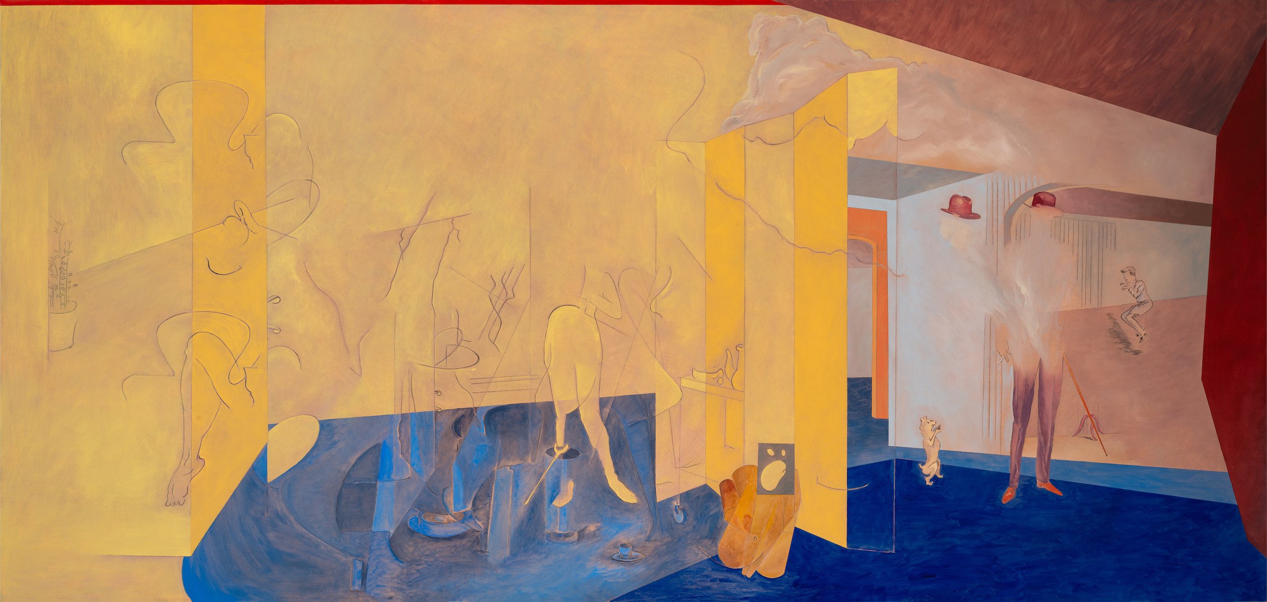  Leo Marz,  It’s Always the Same Story- a Scream- a Jump- You Wake Up , 2023, oil on linen, 45 1/2 x 95 1/2 inches 