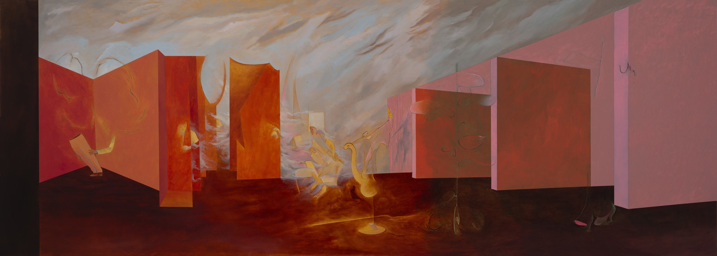  Leo Marz,  Venetian Blinds and Dry Ice Always Look Futuristic , 2023, oil on linen, 45 1/2 x 127 1/2 inches 