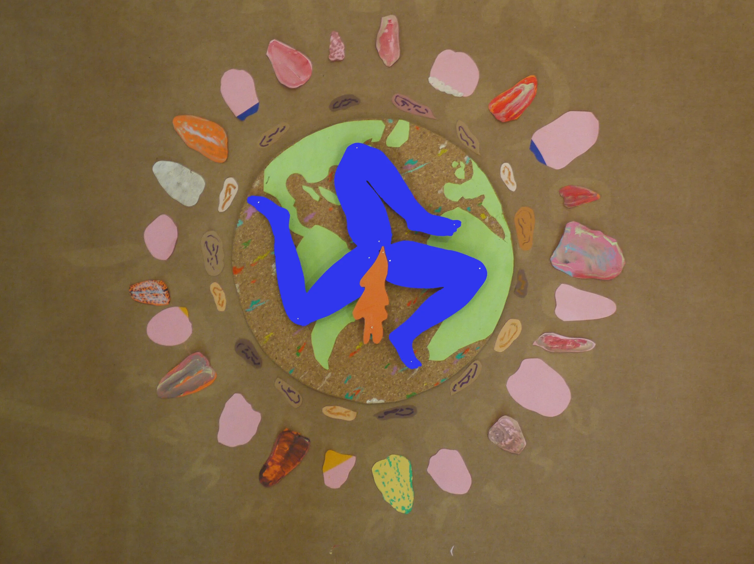 Paper collage, acrylic paint, pen, cork, sewing pins